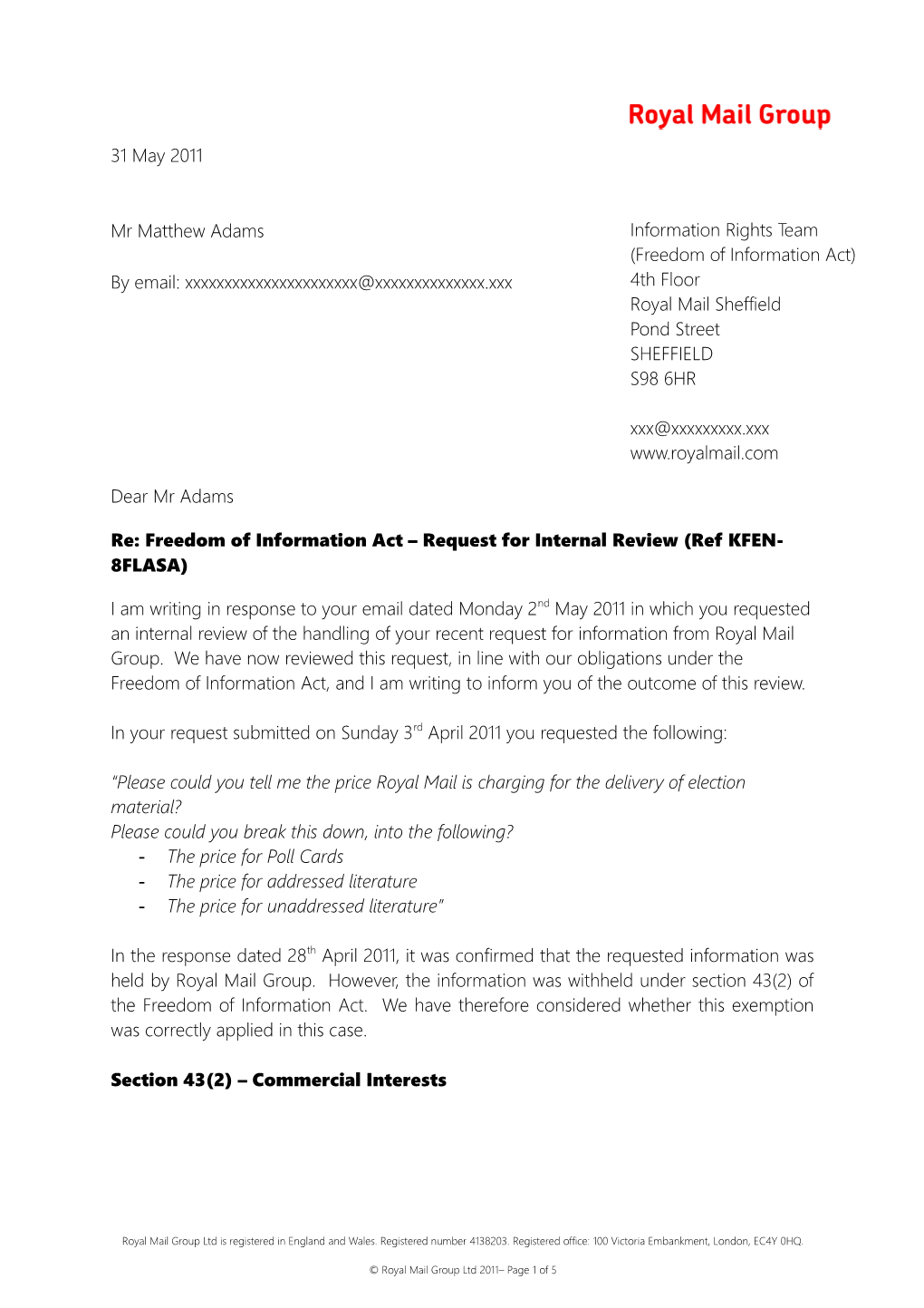 Re: Freedom of Information Act Request for Internal Review (Refkfen-8FLASA)