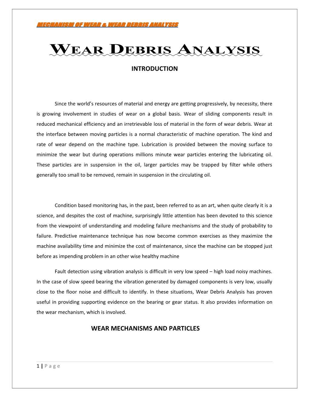 Mechanism of Wear & Wear Debris Analysis