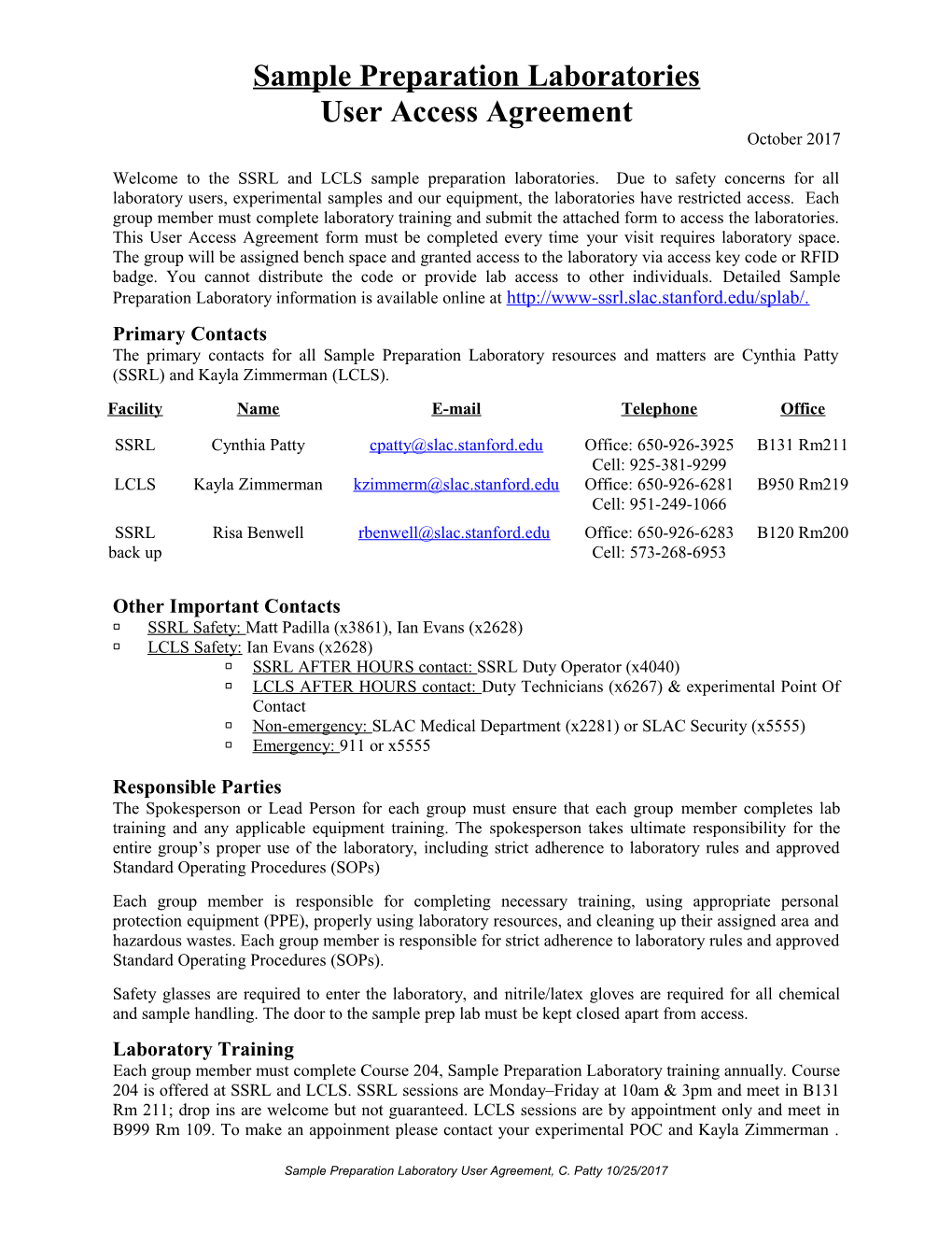 Sample Preparation Laboratory Access Form