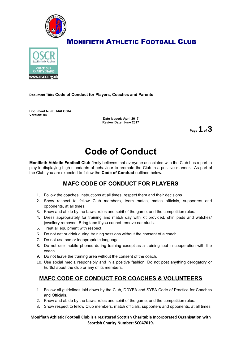 Mafc Code of Conduct for Players