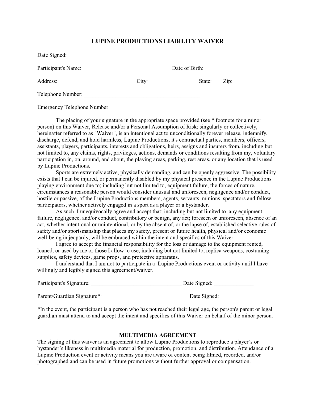 Lupine Productions Liability Waiver