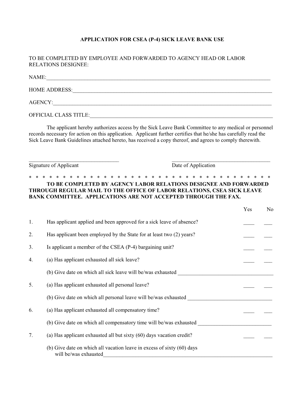 Application for Csea (P-4) Sick Leave Bank Use