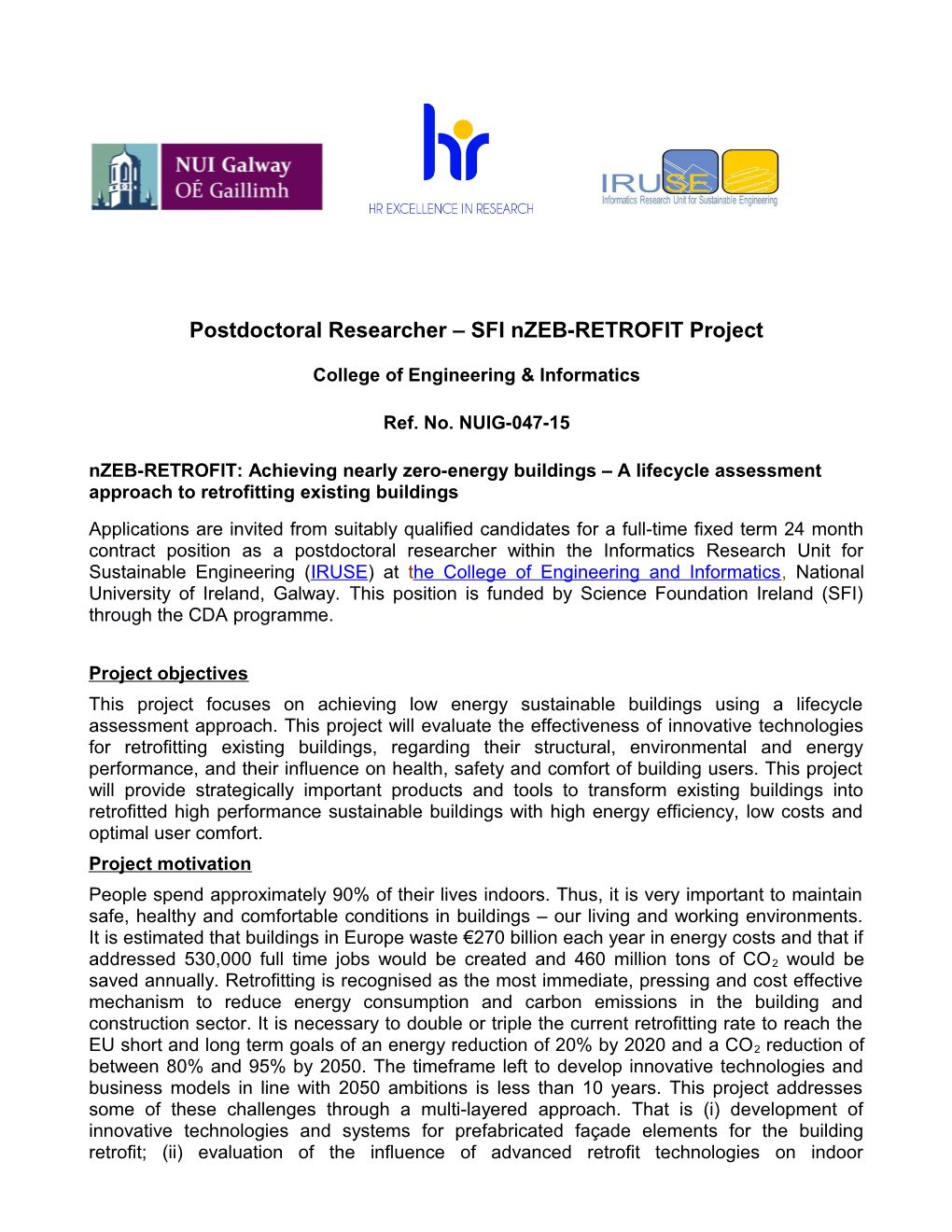 Postdoctoral Researcher SFI Nzeb-RETROFIT Project