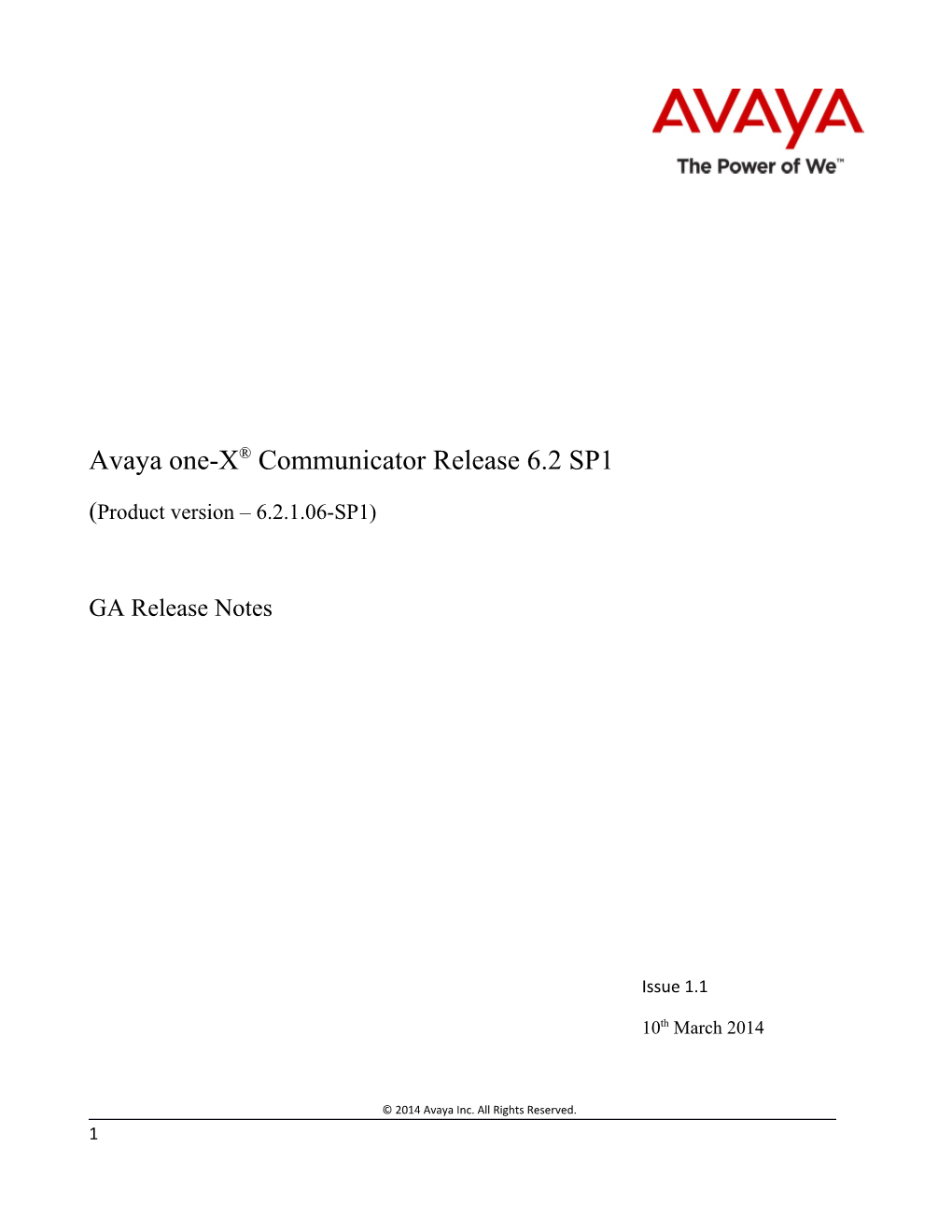 Avaya One-X Communicatorrelease 6.2 SP1