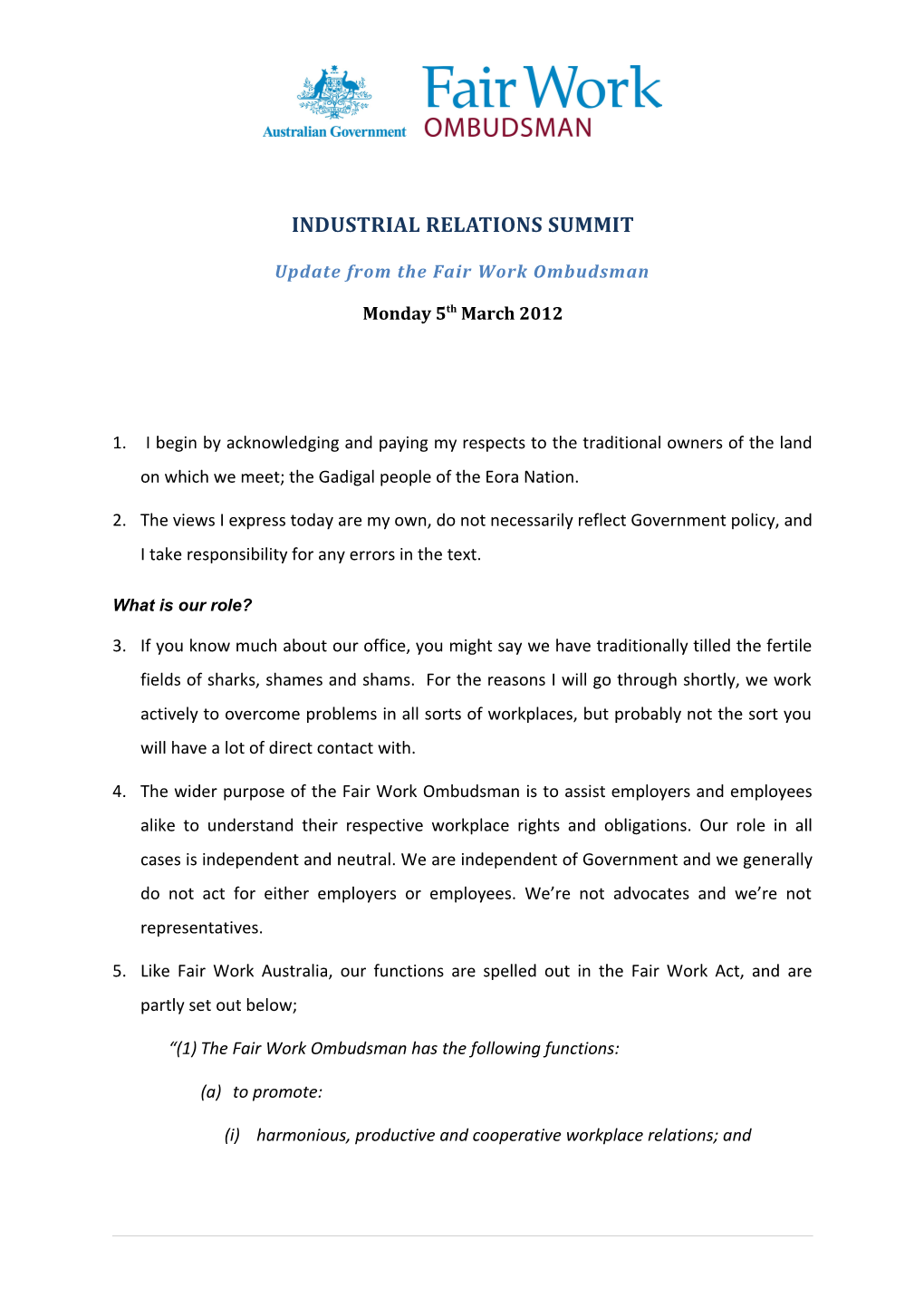 Industrial Relations Summit Speech