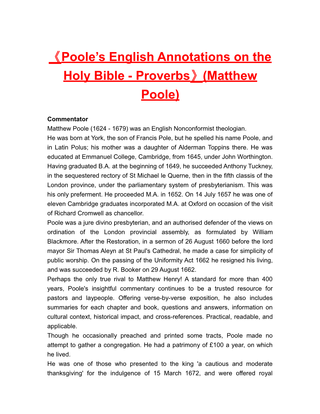 Poole S English Annotationson the Holy Bible - Proverbs (Matthew Poole)