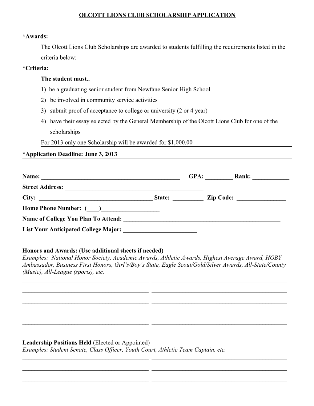 Olcott Lions Club Scholarship Application