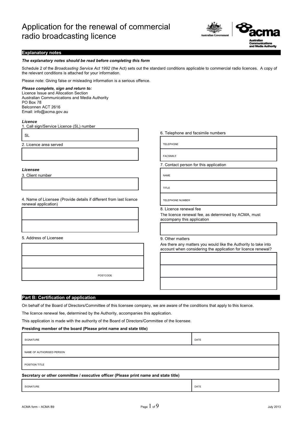 B9 - Application for the Renewal of Commercial Radio Broadcasting Licence