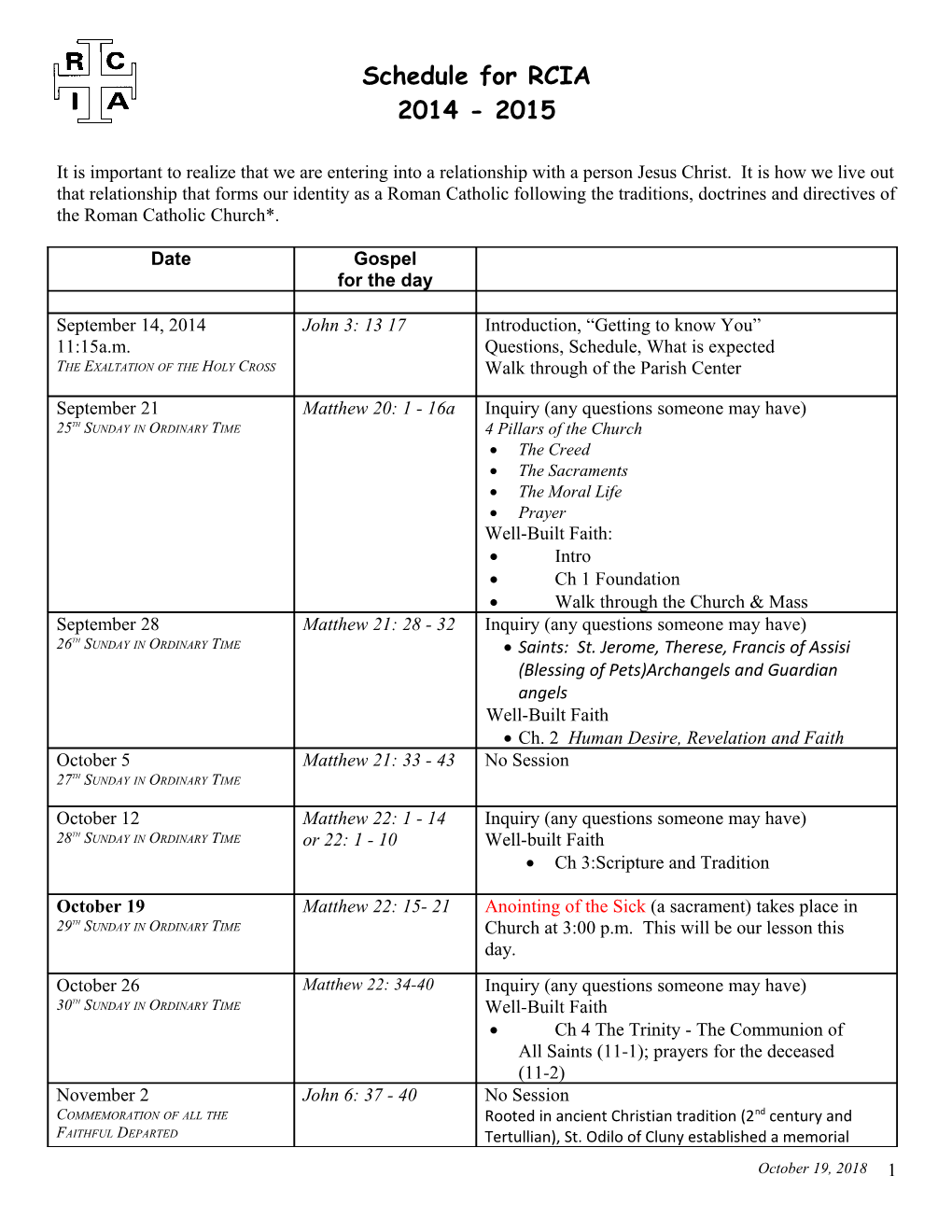 Schedule for RCIA