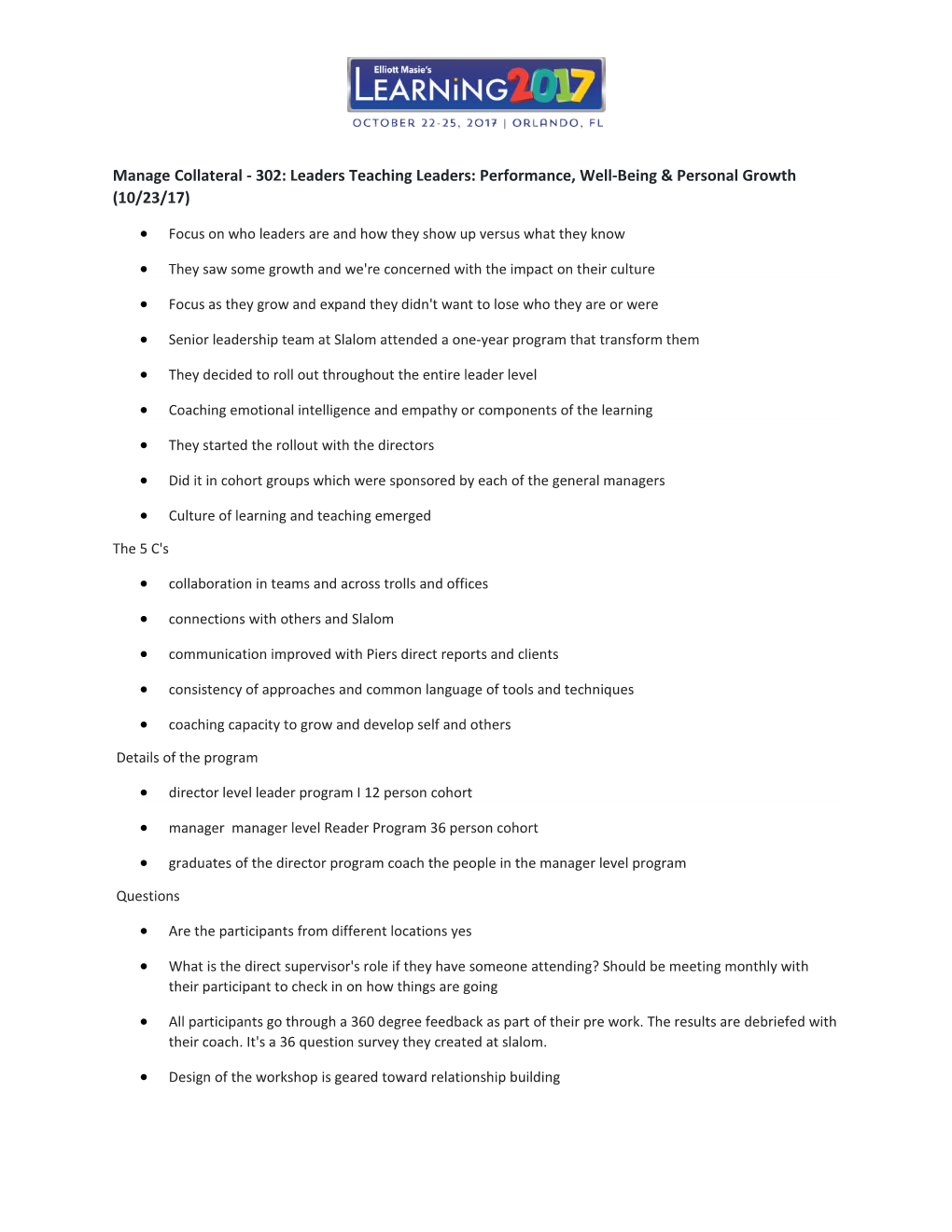 Manage Collateral - 302: Leaders Teaching Leaders: Performance, Well-Being & Personal