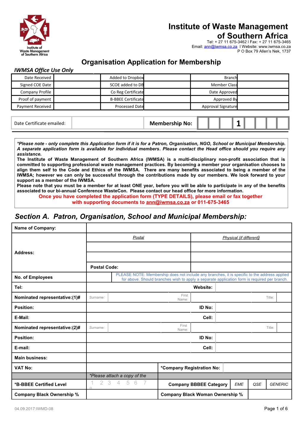 Organisation Application for Membership