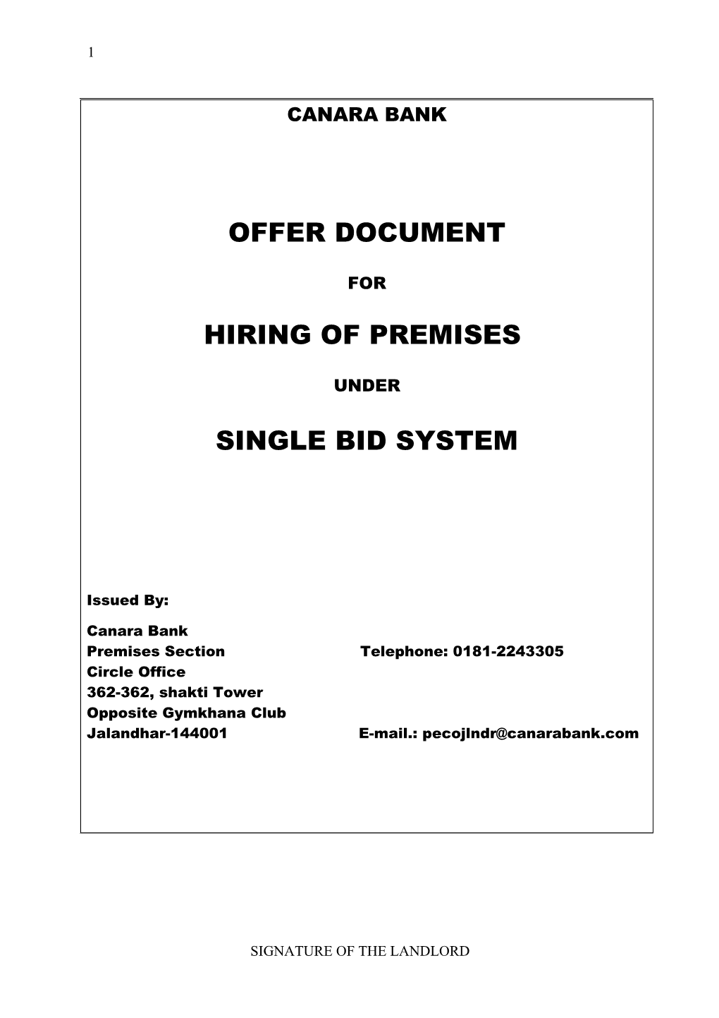 Offer Document Inviting Offers in Single-Bid System for Hiring Premises
