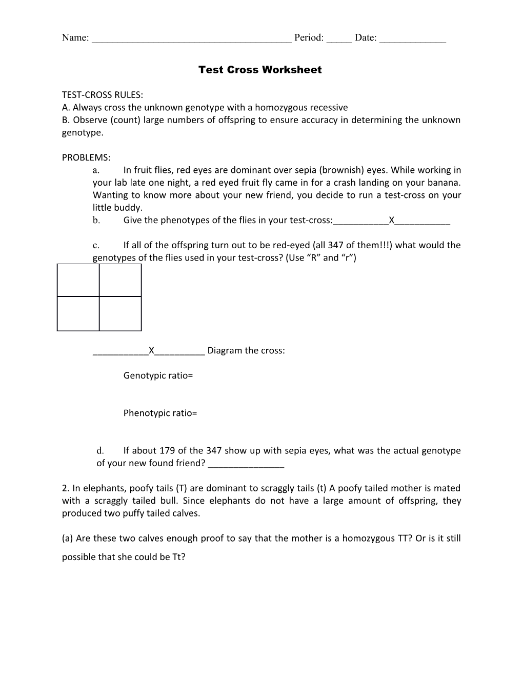 Test Cross Worksheet (A