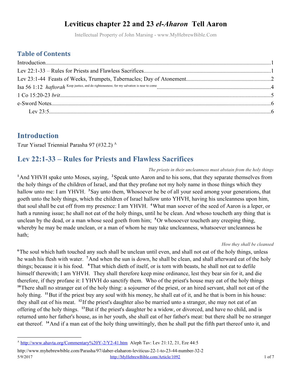 Leviticus Chapter22 and 23El-Aharon Tell Aaron