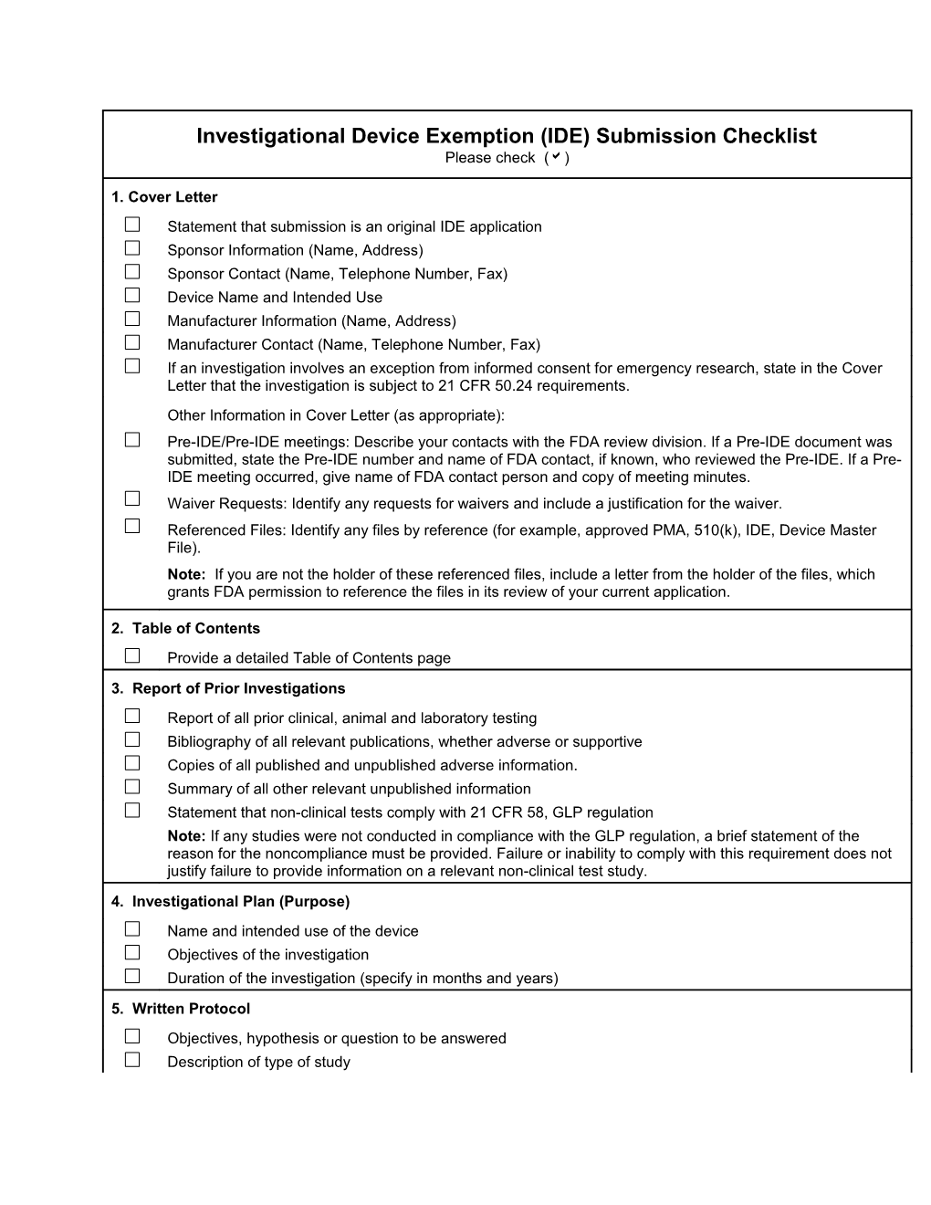 Investigational Device Exemption (IDE) Submission Checklist