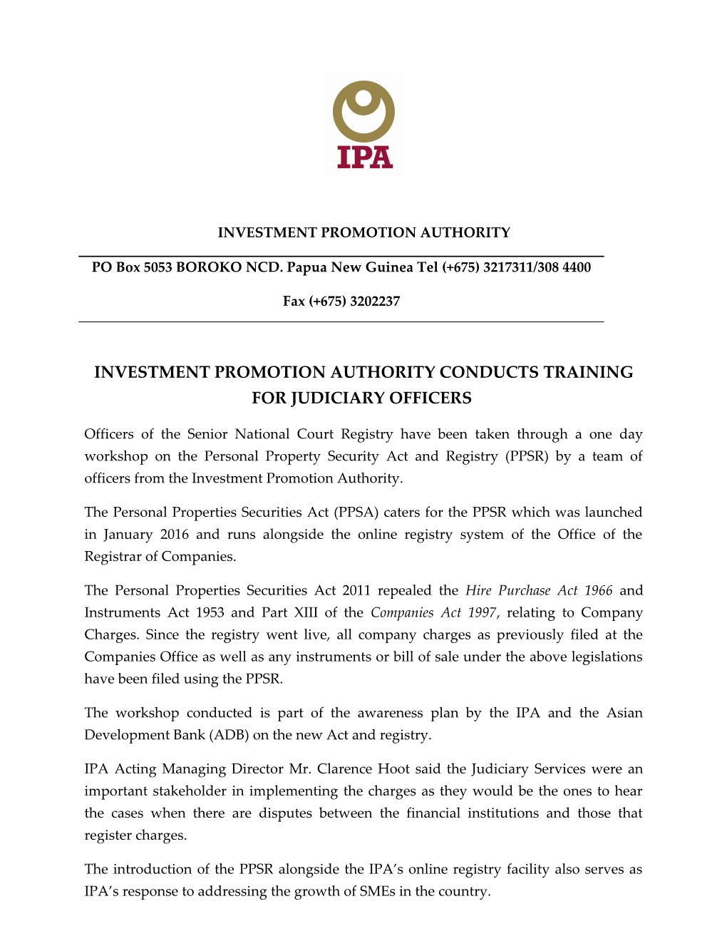 Investment Promotion Authority Conducts Training for Judiciary Officers