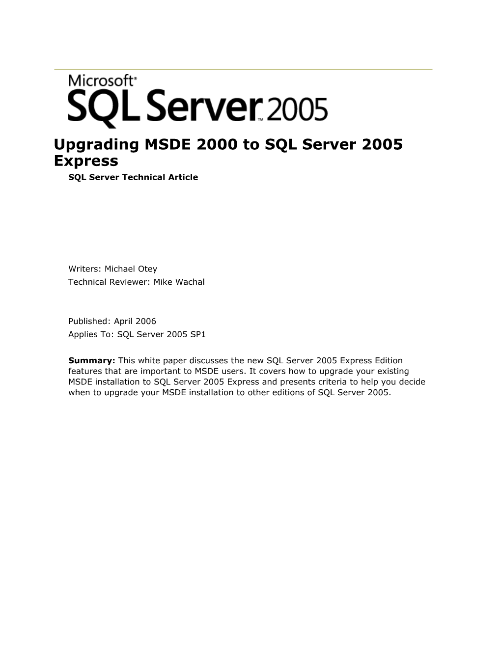 Upgrading MSDE 2000 to SQL Server 2005 Express