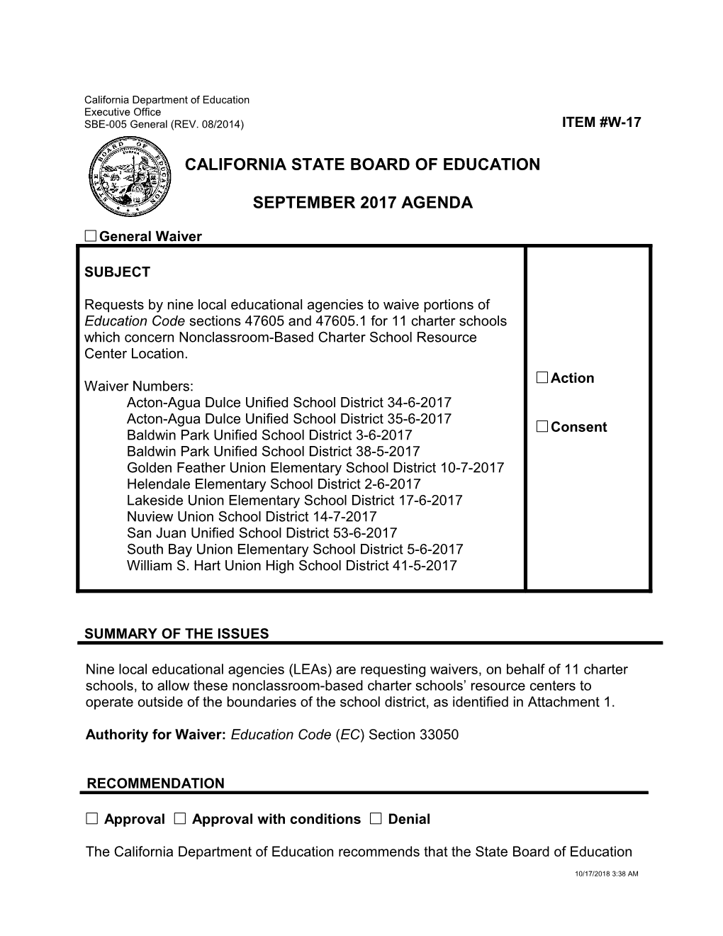 September 2017 Waiver Item W-17 - Meeting Agendas (CA State Board of Education)