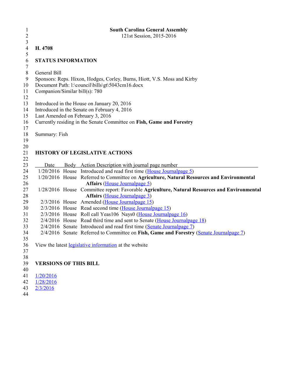 2015-2016 Bill 4708: Fish - South Carolina Legislature Online