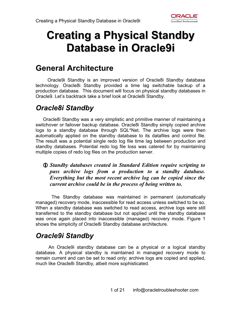 Creating a Physical Standby Database in Oracle9i