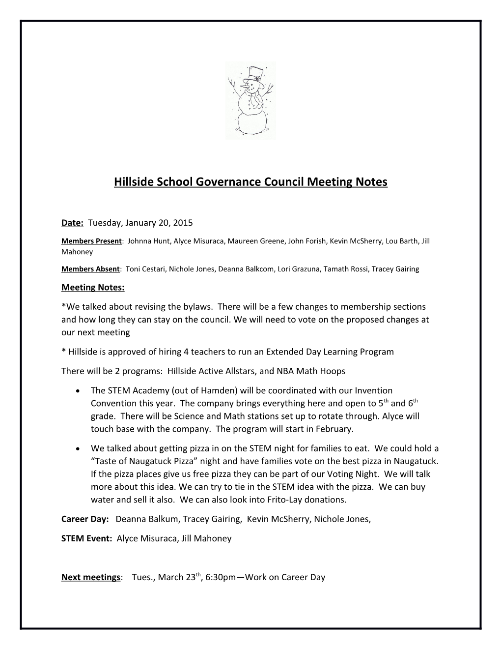 Hillside School Governance Council Meeting Notes