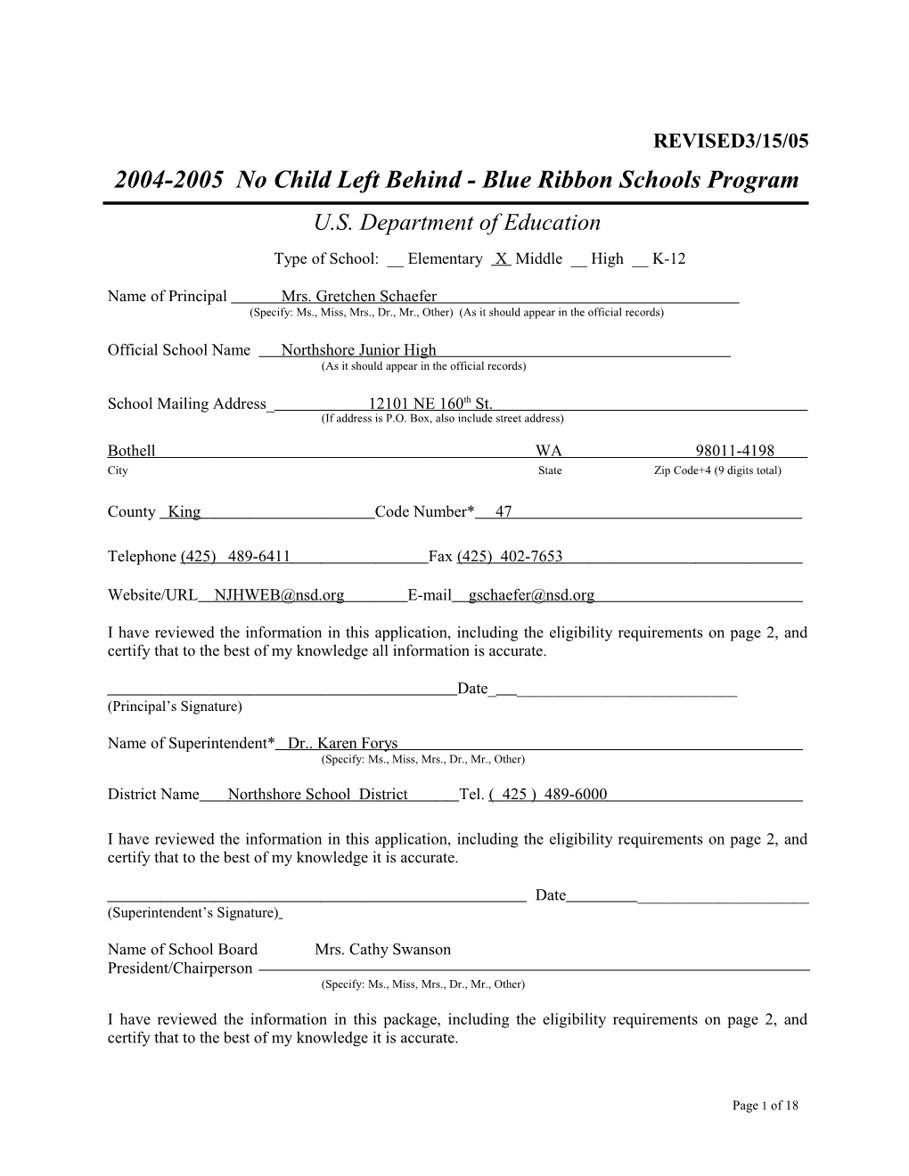 Northshore Junior High School Application: 2004-2005, No Child Left Behind - Blue Ribbon