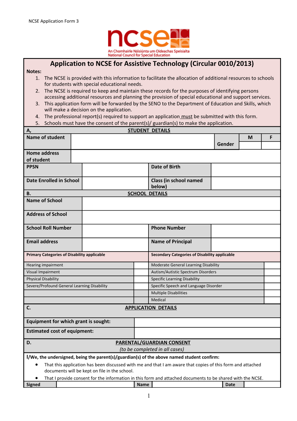 Application to NCSE for Access to Resources