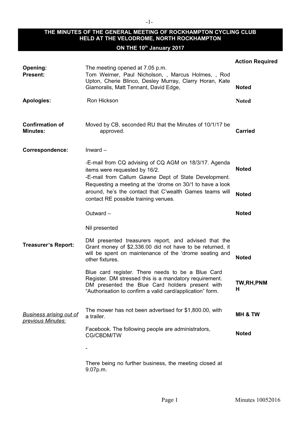 The Minutes of the General Meeting of Rockhampton Cycling Club