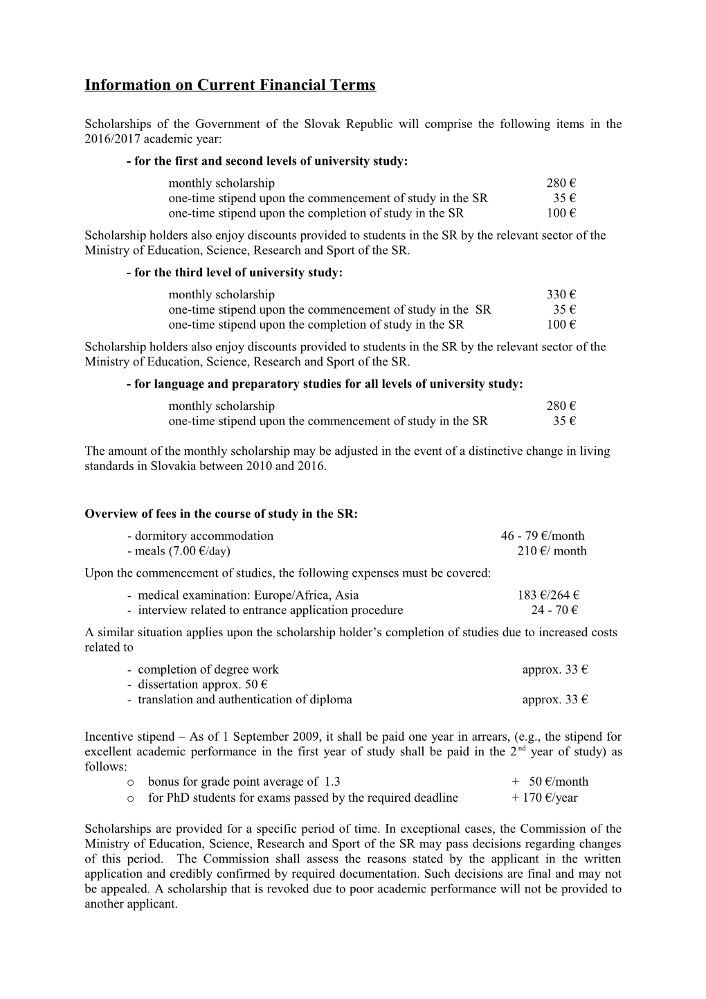 Information on Current Financial Terms