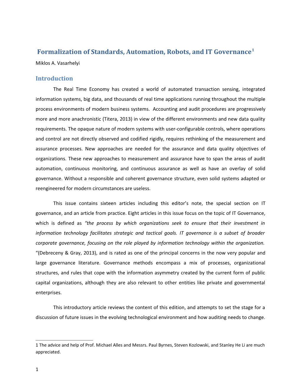 Formalization of Standards, Automation, Robots, and IT Governance 1