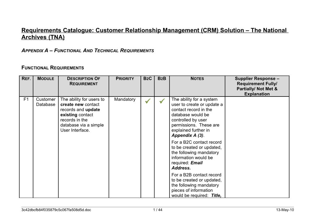 Requirements Catalogue: Customer Relationship Management (CRM) Solution the National Archives