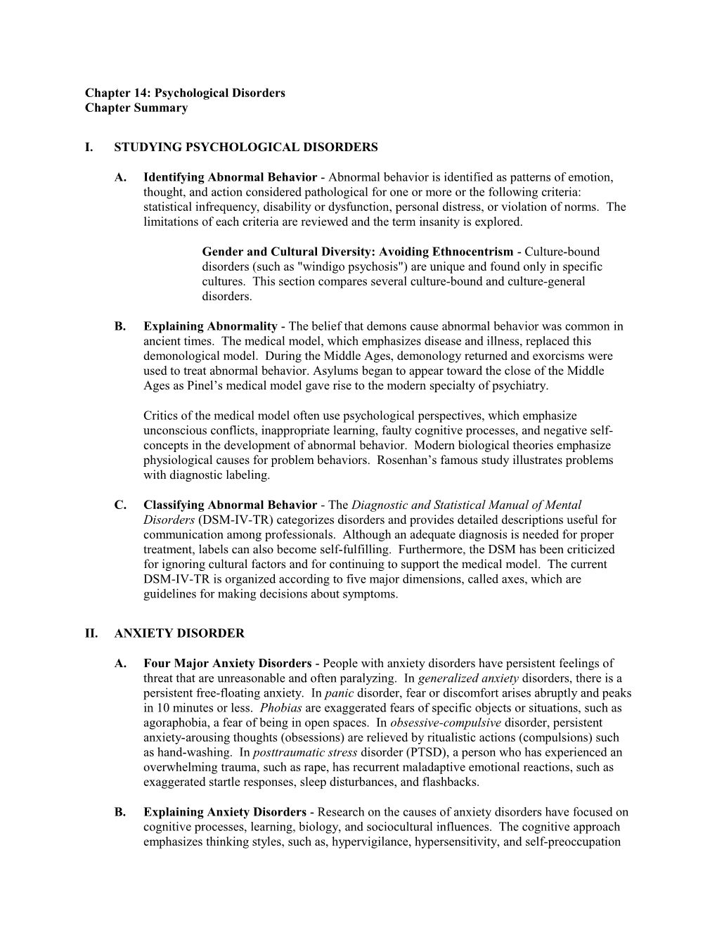 Chapter 14: Psychological Disorders Chapter Summary