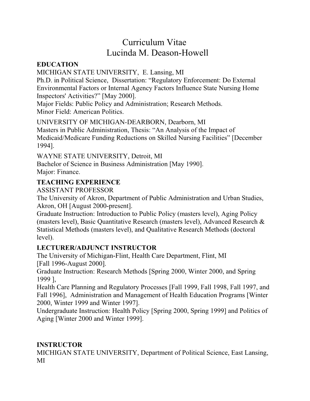 Curriculum Vitae Lucinda M. Deason-Howell