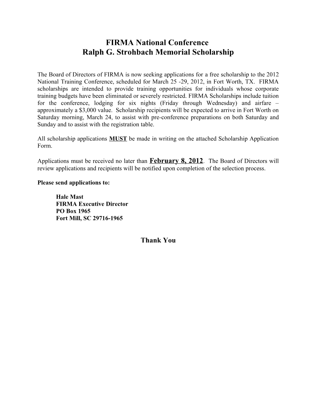 Ralph G. Strohbach Memorial Scholarship