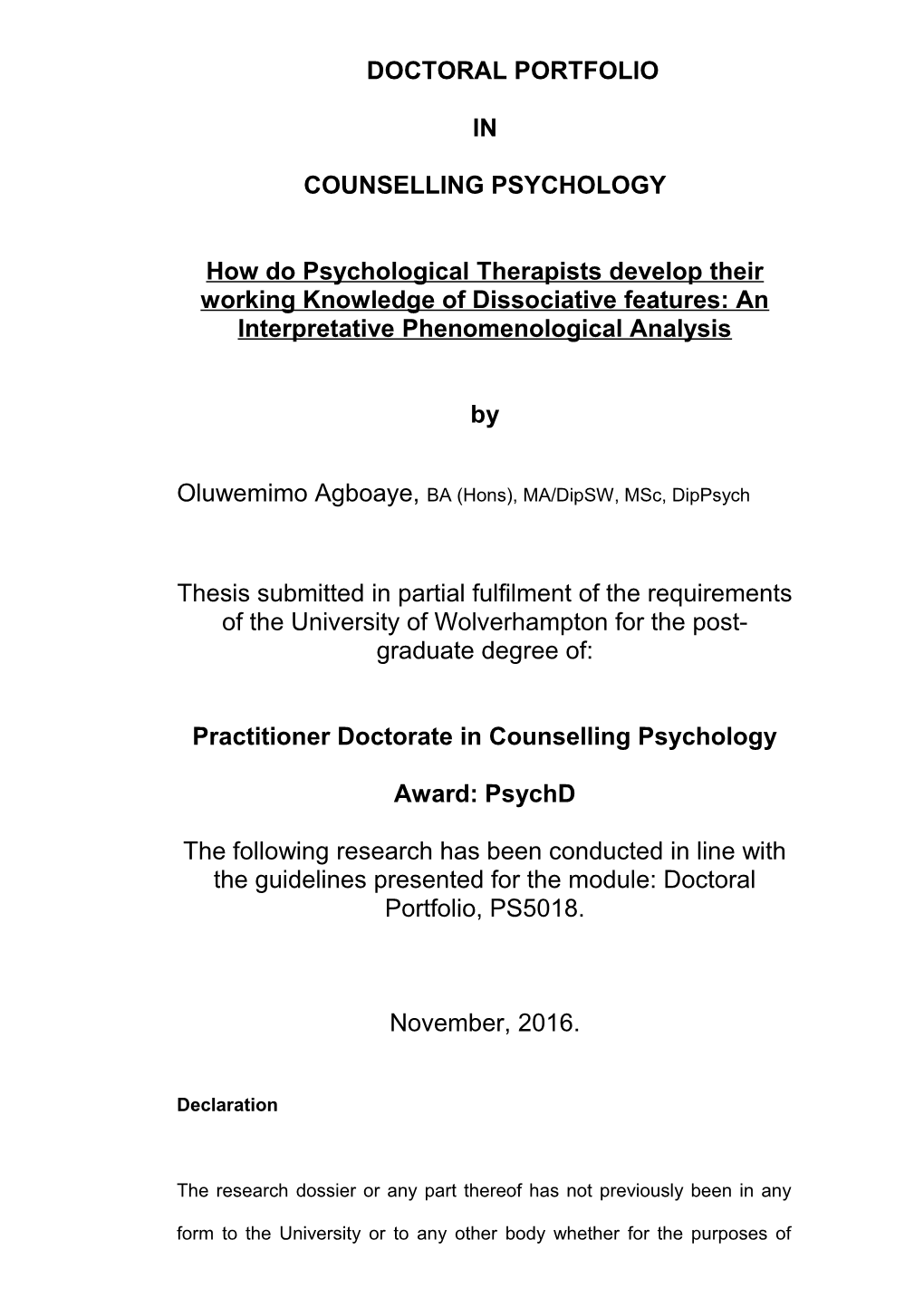 Wemi Agboaye Doctoral Portfolio in Counselling Psychology