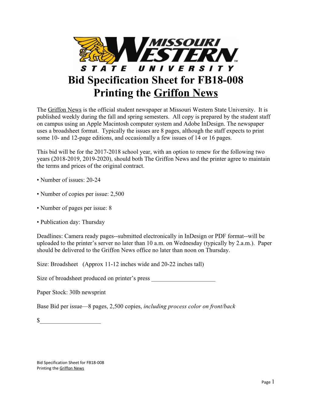 Bid Sheet for Printting the Griffon News