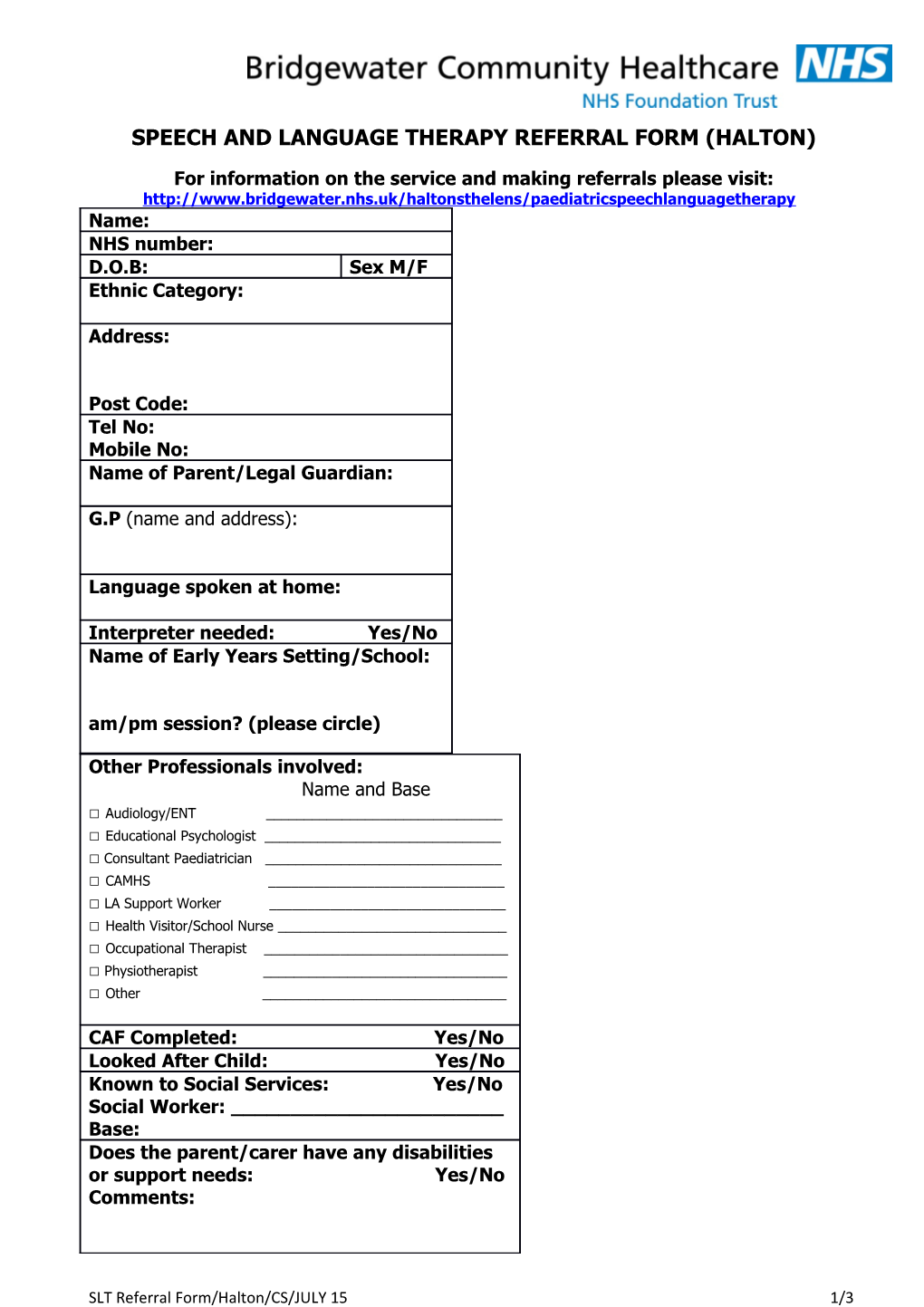 Speech and Language Therapy Referral Form (Halton)