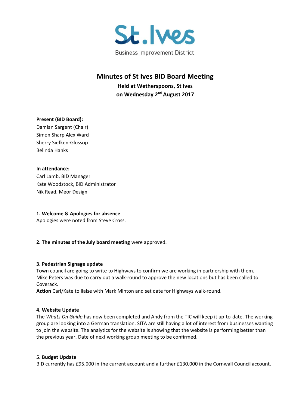 Minutes of St Ives BID Board Meeting