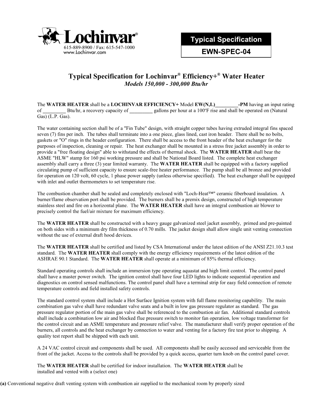 Typicalspecificationfor Lochinvar Efficiency+ Waterheater