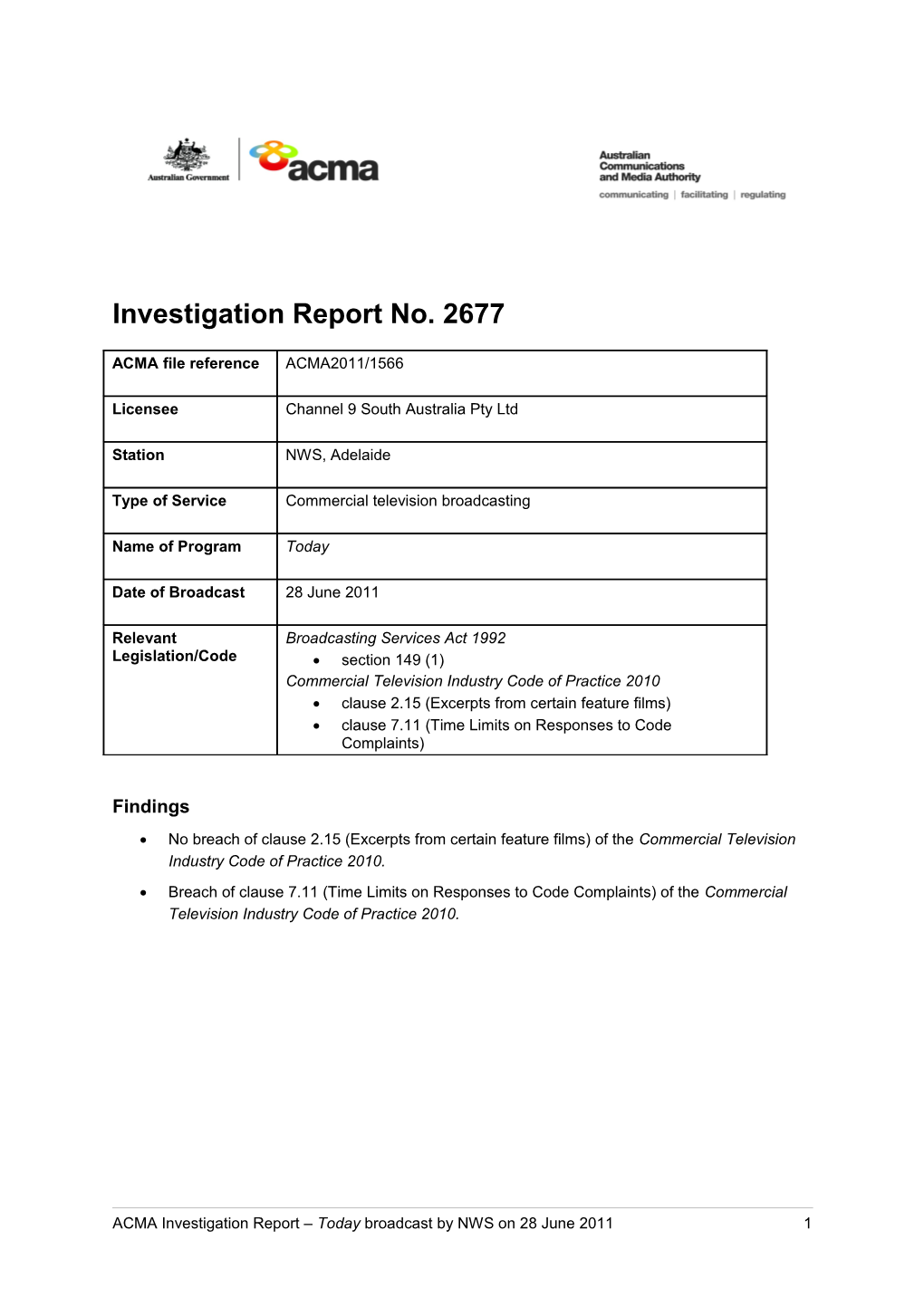 NWS (Ch 9 SA) - ACMA Investigation Report 2677