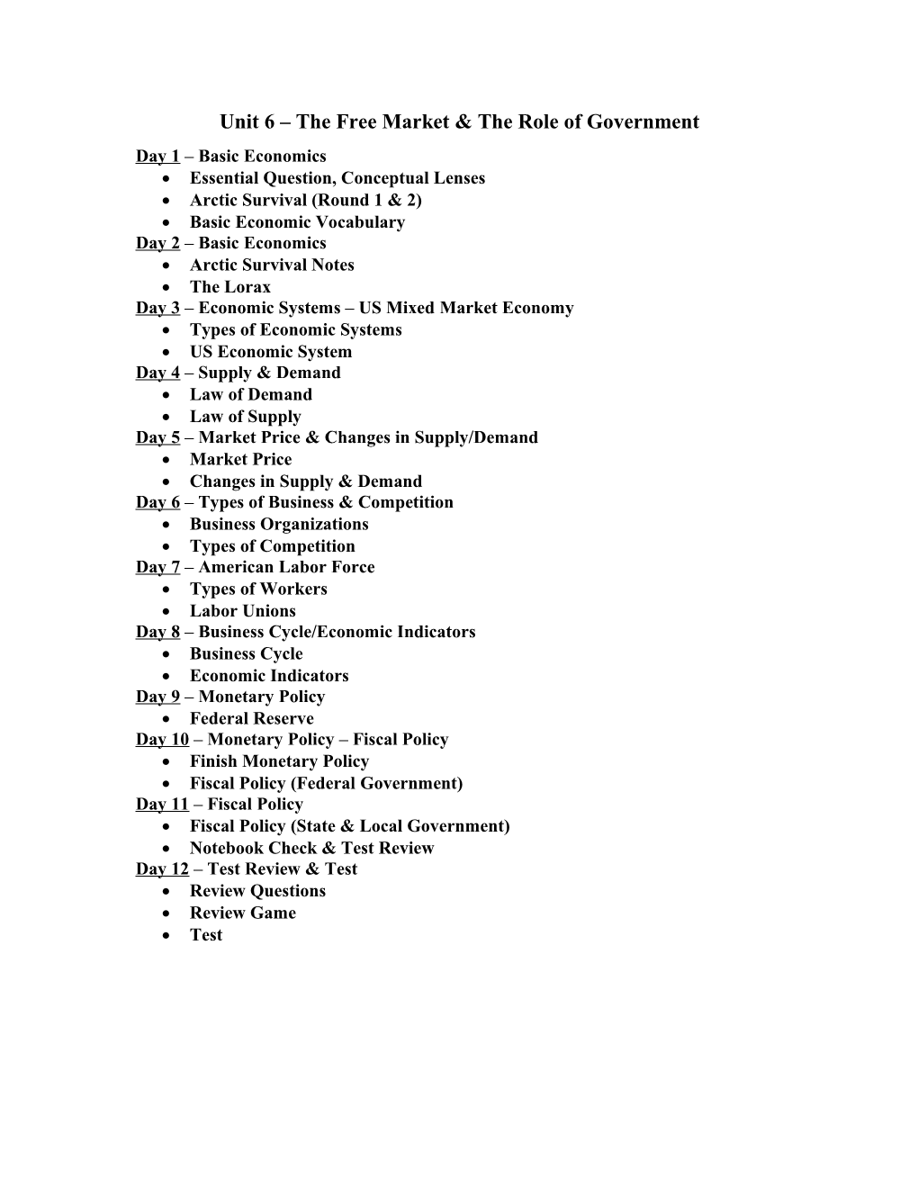 Unit 6 the Free Market & the Role of Government