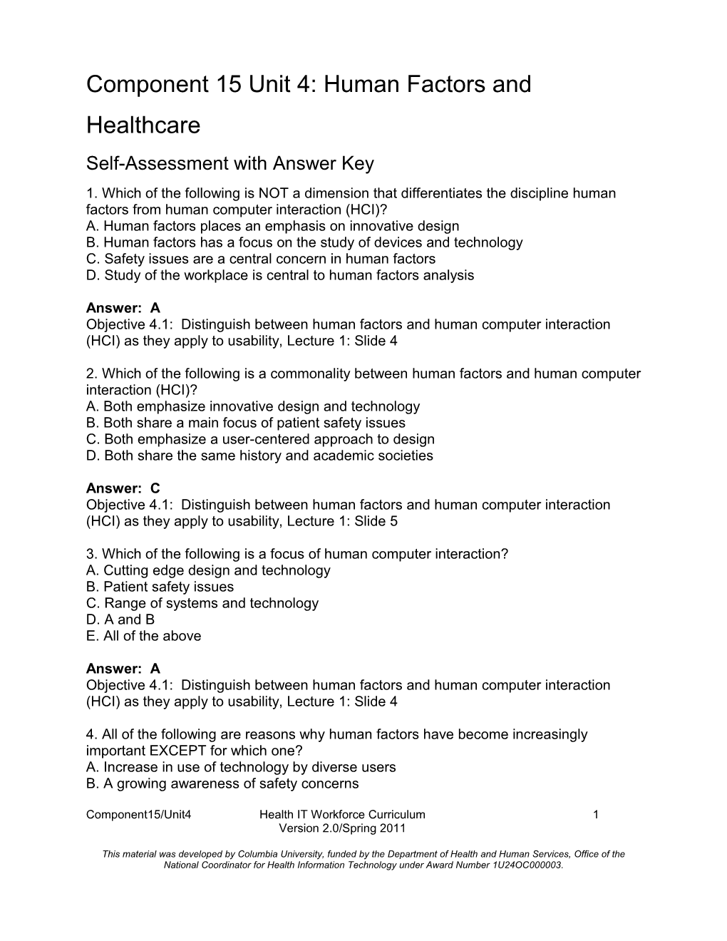 Component 15 Unit 4: Human Factors and Healthcare