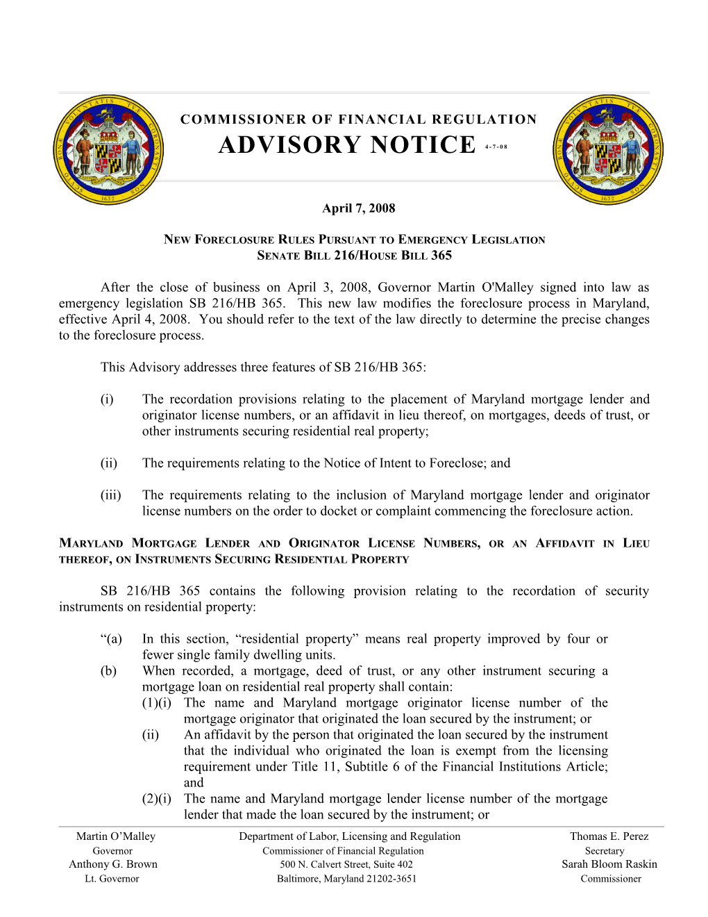 New Foreclosure Rules Pursuant to Emergency Legislation