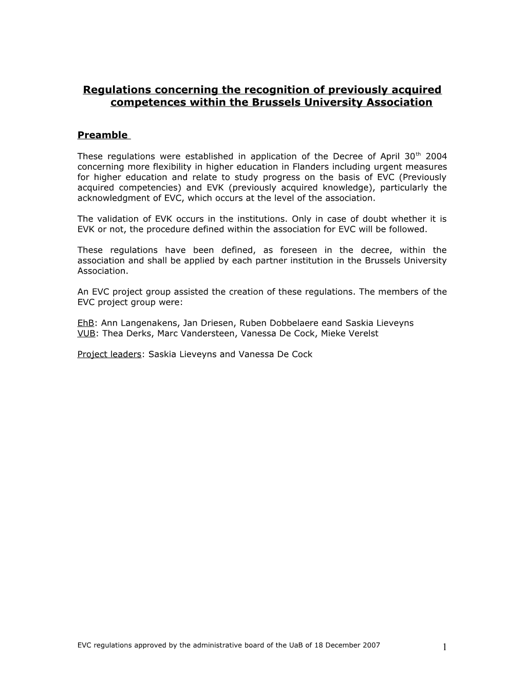 Reglement Betreffende De Erkenning Van EVC Binnen De Universitaire Associatie Brussel