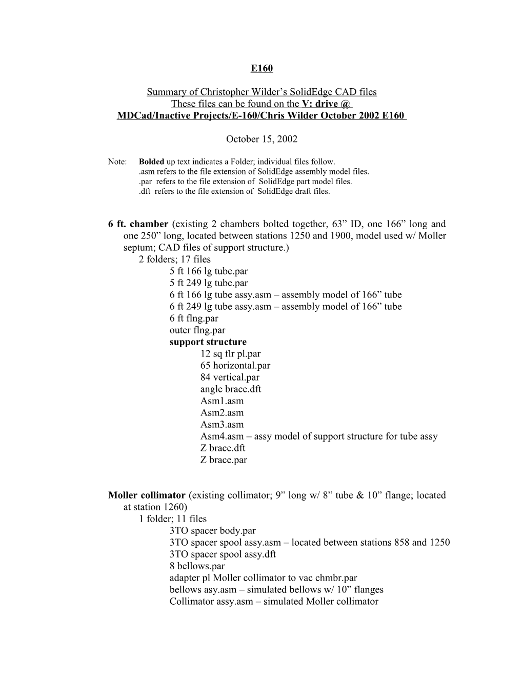 Summary of Christopher Wilder S Solidedge CAD Files