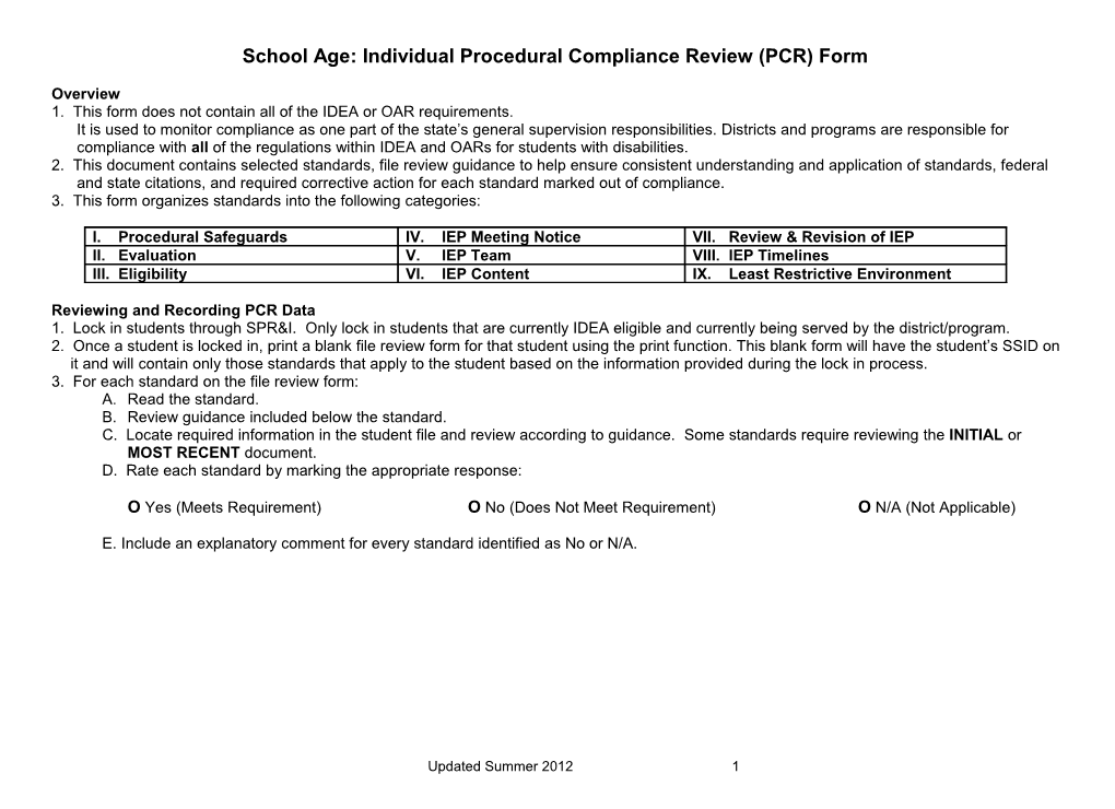 School Age:Individual Procedural Compliance Review (PCR) Form