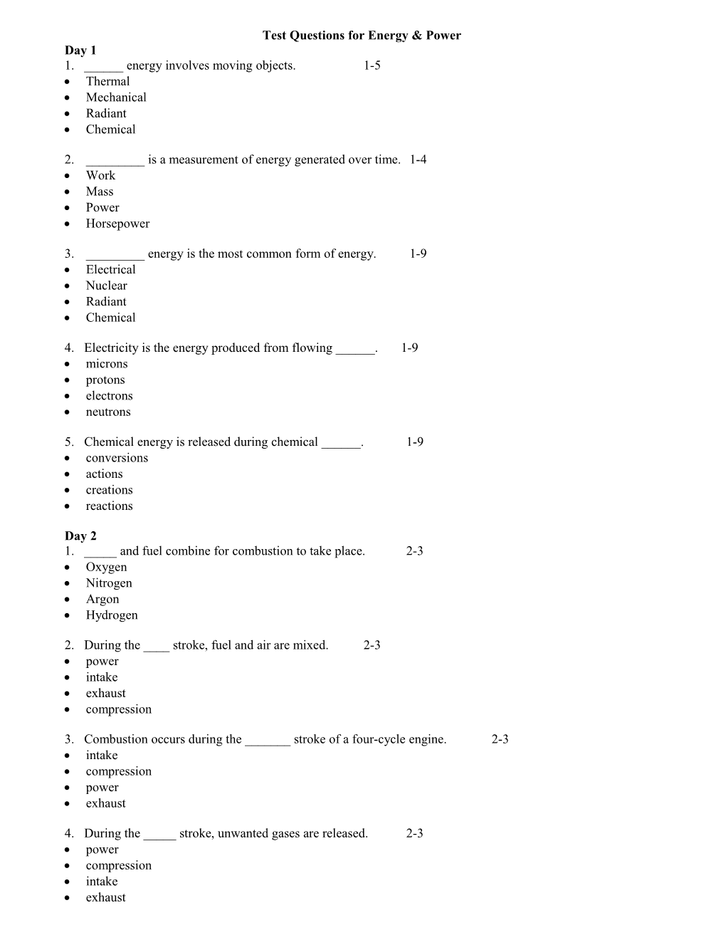 Energy & Power 538 - Study Guide Questions