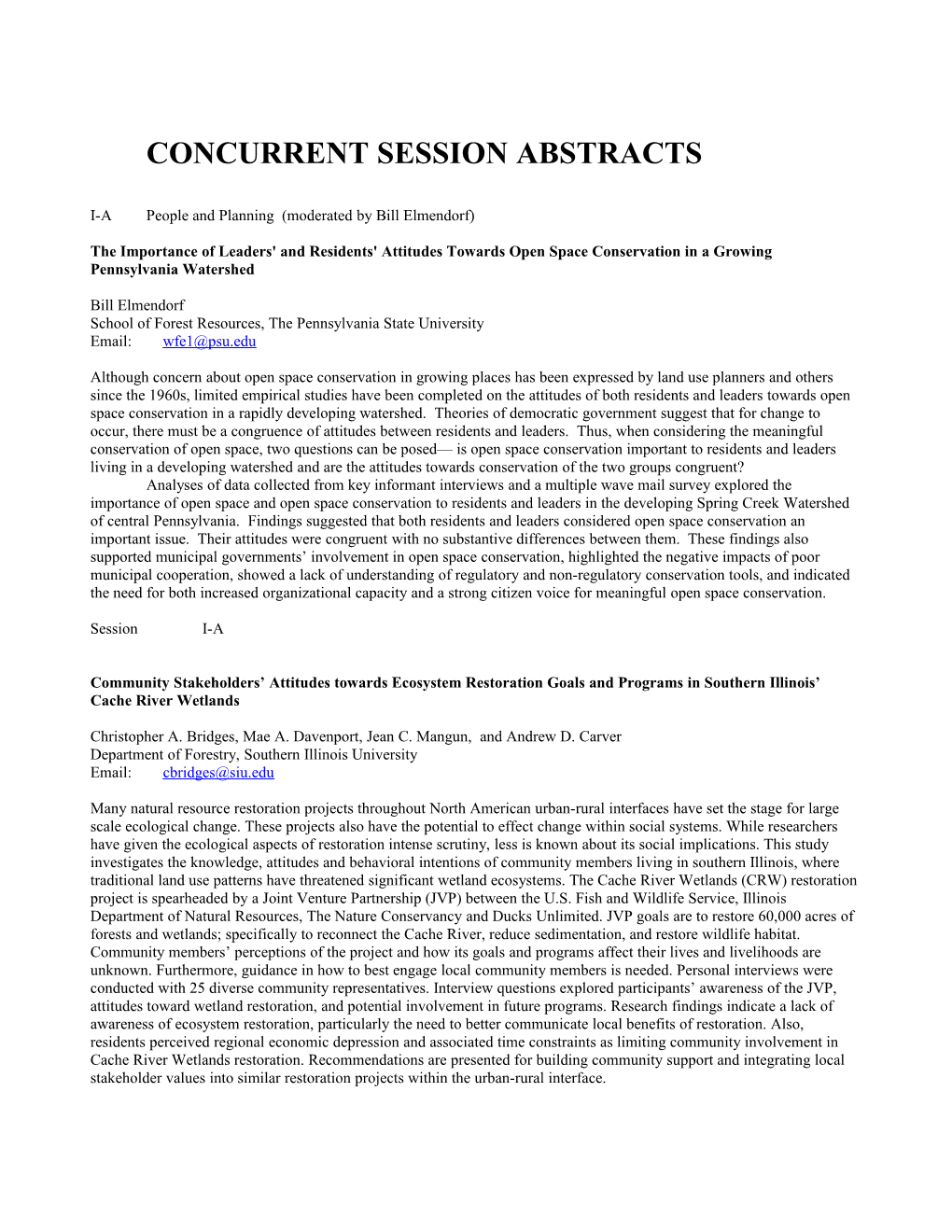 Concurrent Session Abstracts