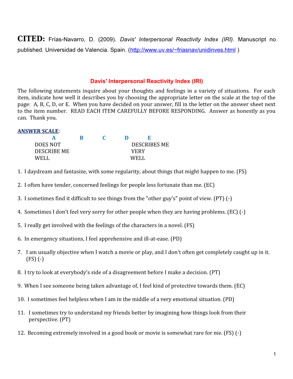 Davis' Interpersonal Reactivity Index (IRI)