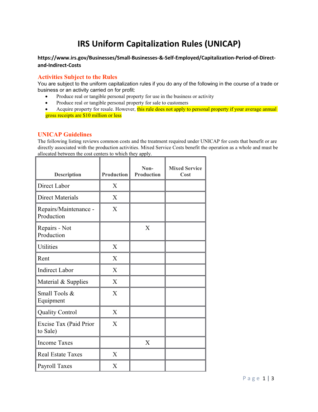 IRS Uniform Capitalization Rules (UNICAP)